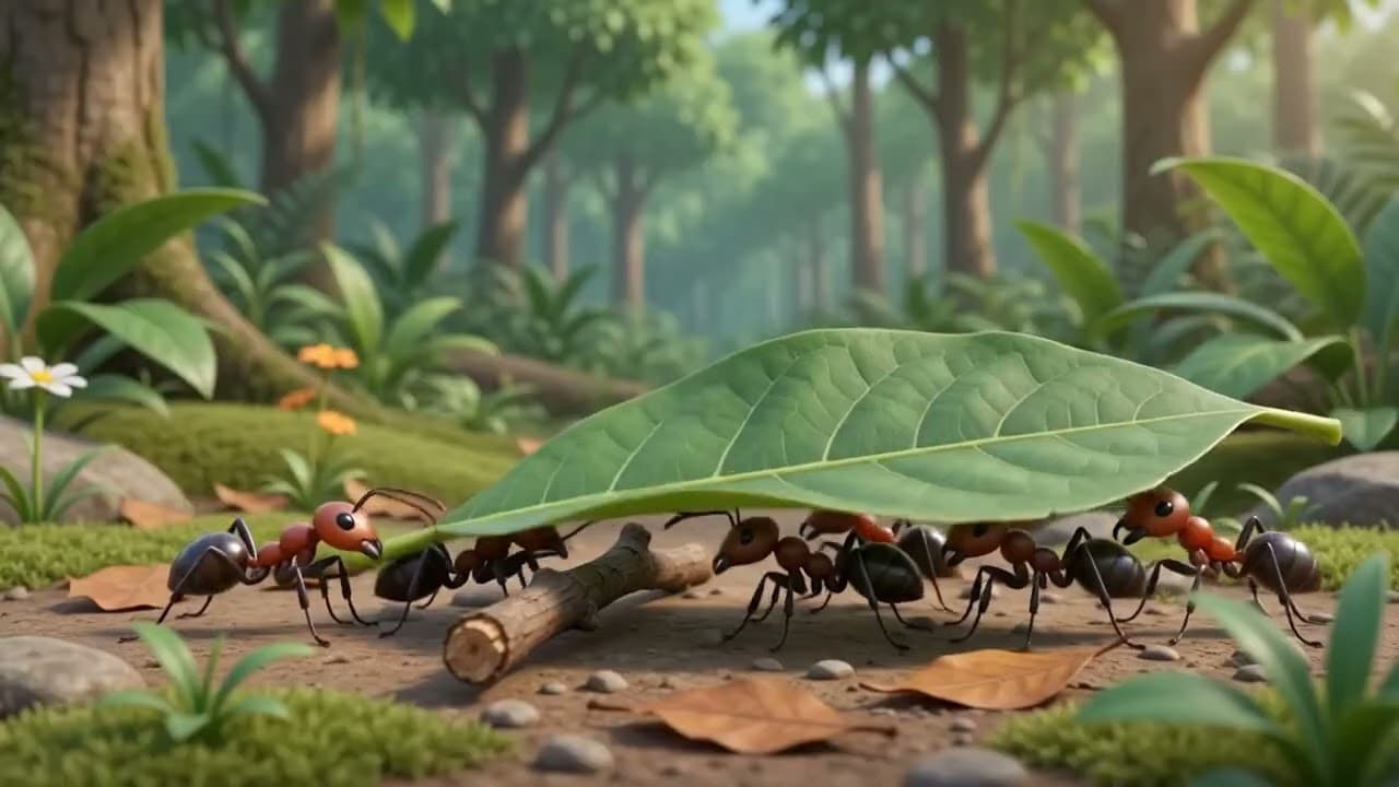 Ants cooperate to carry leaf